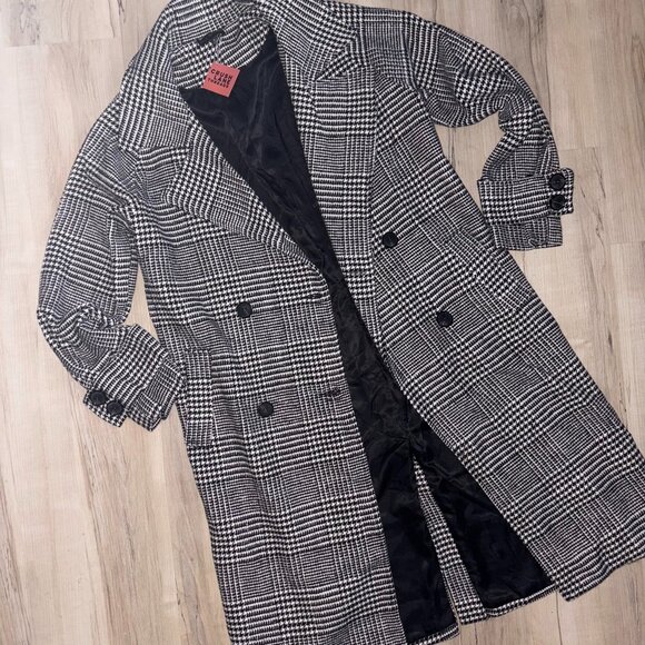 Black and White Plaid Woolen Pea Coat - Picture 1 of 8